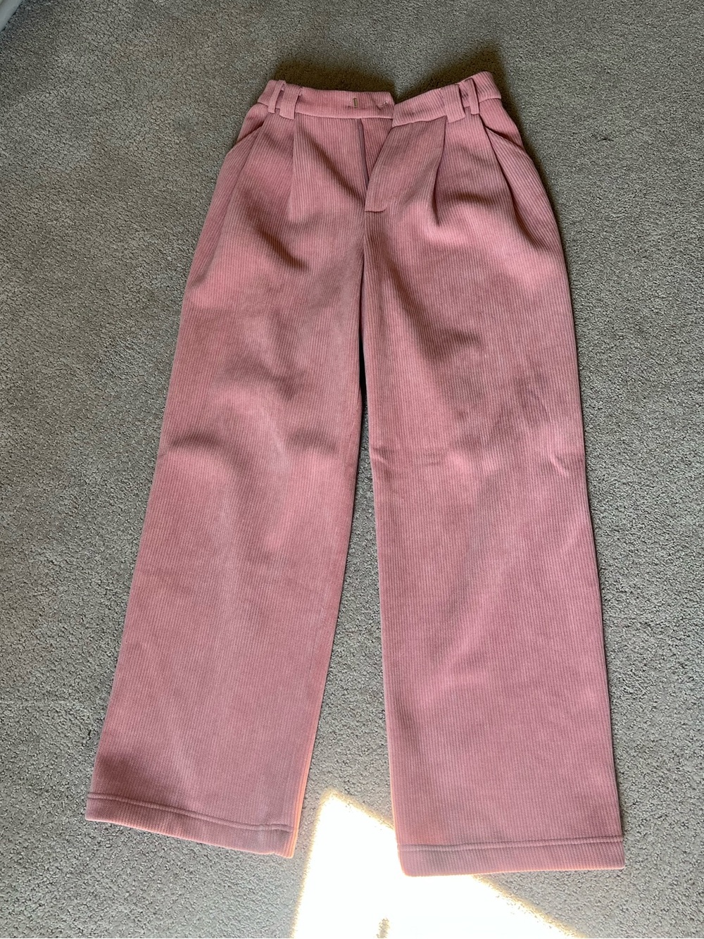 FLEECE-LINED CORDUROY BELTED STRAIGHT-LEG PANTS IN PINK